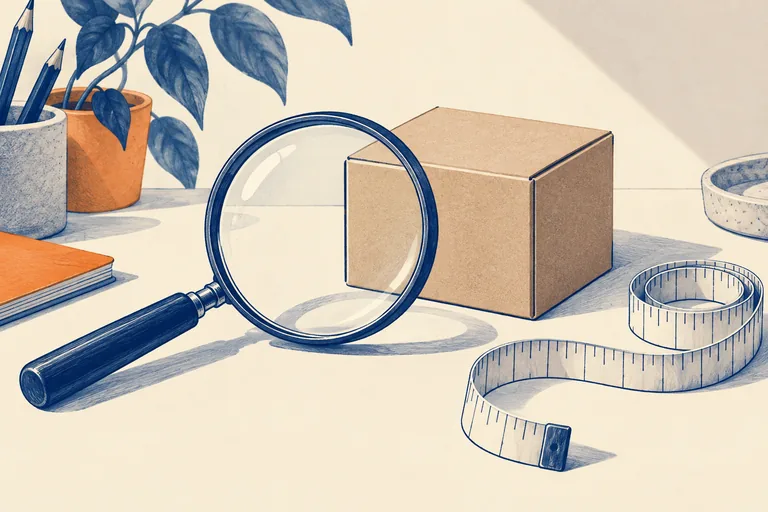 An editorial illustration of a magnifying glass, box and measuring tape.